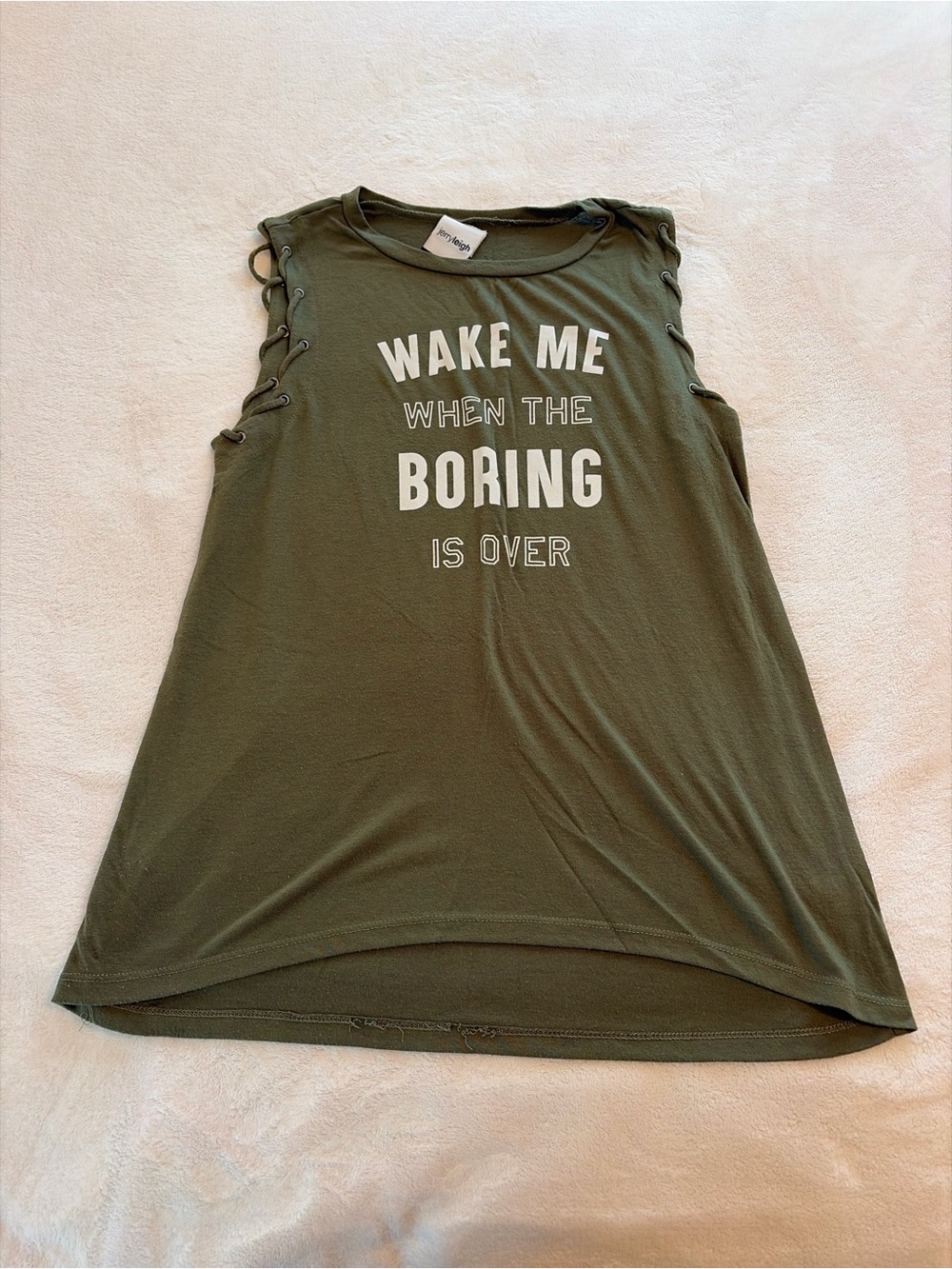 Olive Graphic Lace-Up Muscle Tee - Wake Me When the Boring Is Over